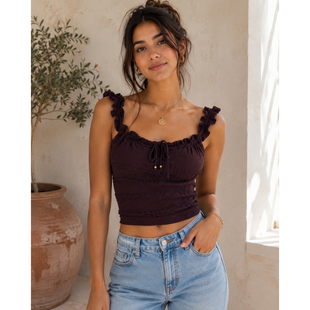 GLG Good Luck Gem Smocked Ruffle Tie Front Crop Top Brown NWT Medium